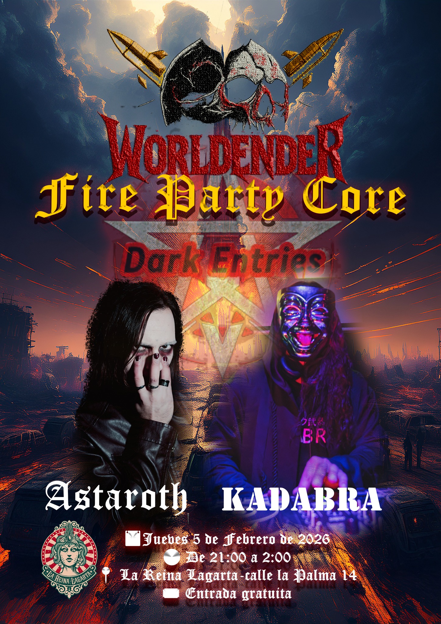 <p><span style="font-family: Inter, sans-serif;">Dark Entries presents WORLDENDER Fire Party Core</span></p>