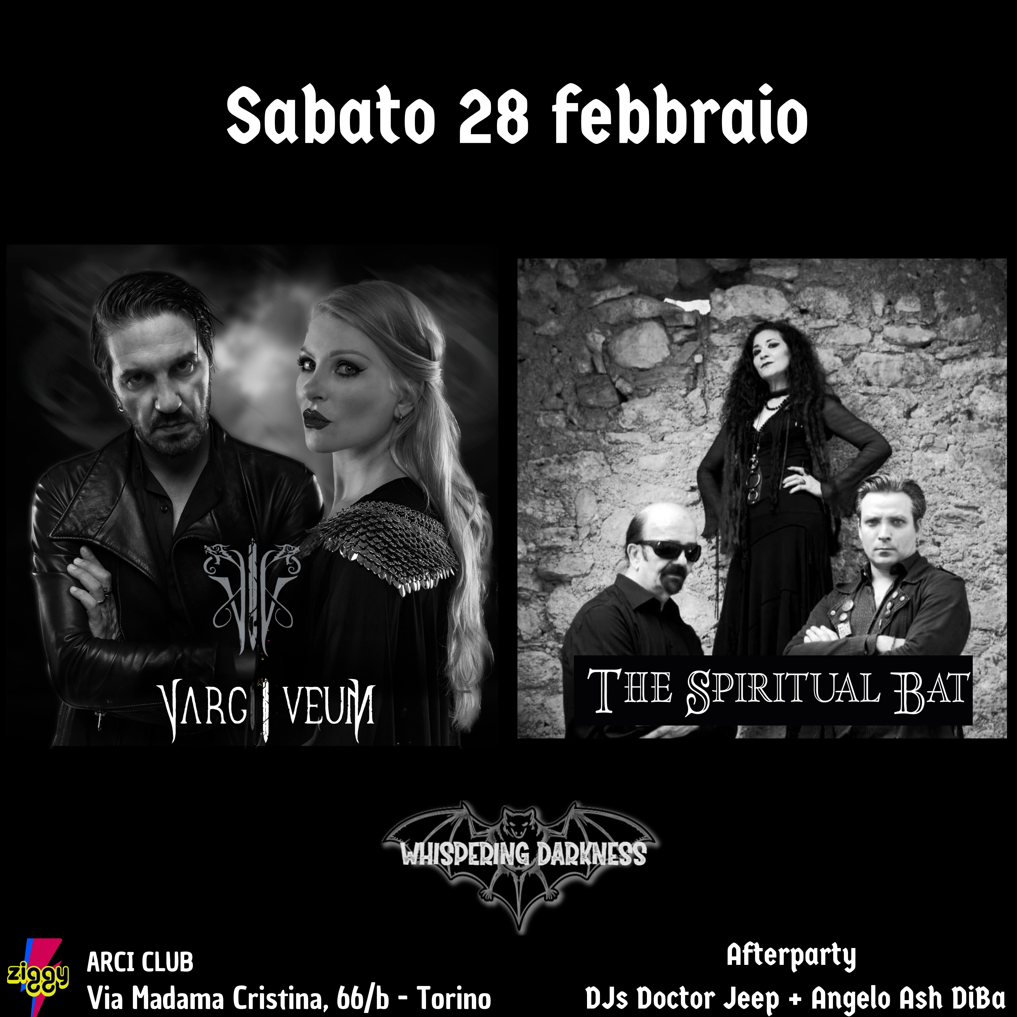 <p><span style="font-family: Poppins, sans-serif;">Sabato 28 Febbraio - WHISPERING DARKNESS goth night: THE SPIRITUAL BAT e VARG I VEUM live</span></p>